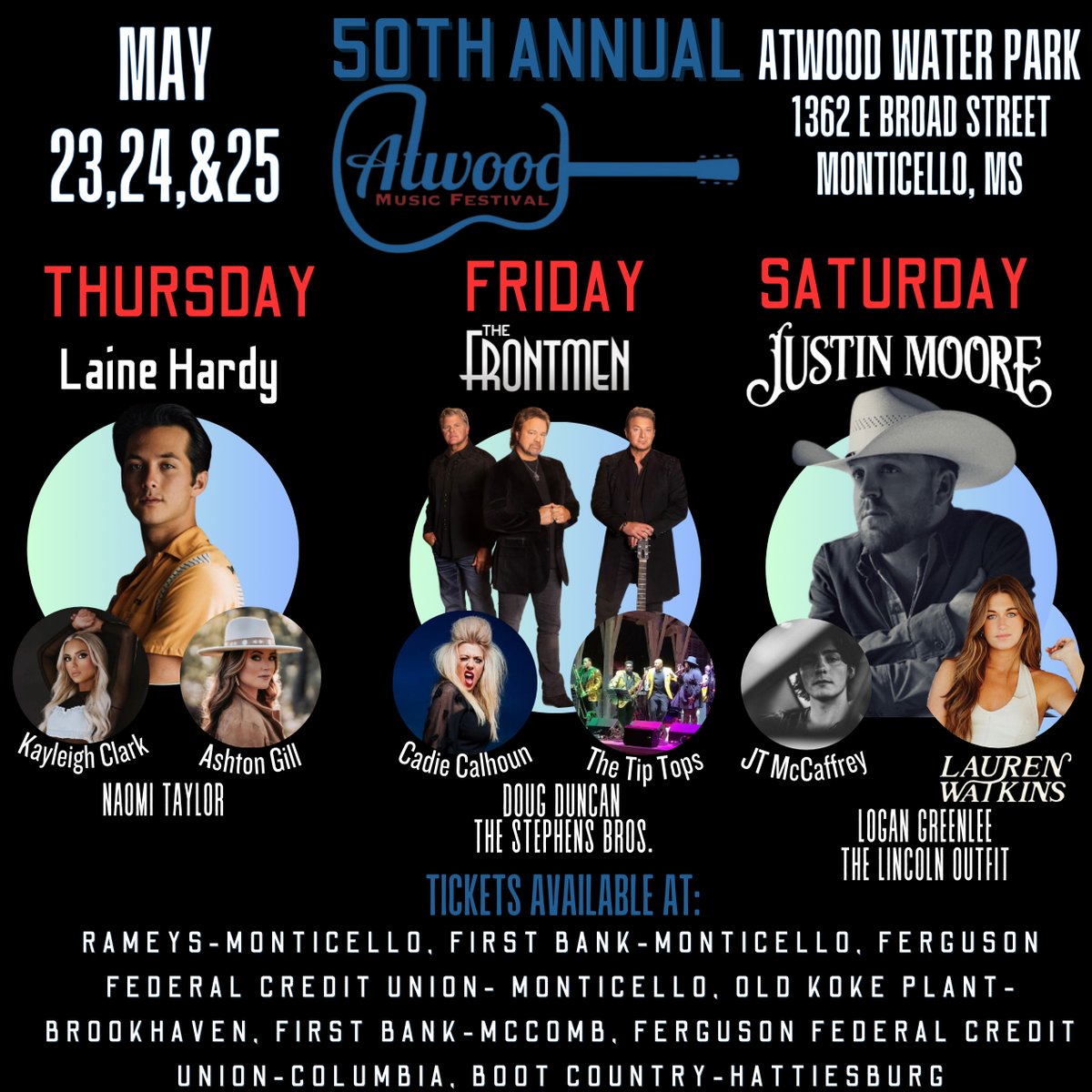 Catch us this Friday at the 50th Annual @AtwoodMusicFest 📌 Monticello, MS 📅 May 24th 🎫 thefrontmenlive.com/shows/ #upcomingshow #Monticello #countrymusic #thefrontmen #BMGNashville #richiemcdonald #larrystewart #timrushlow