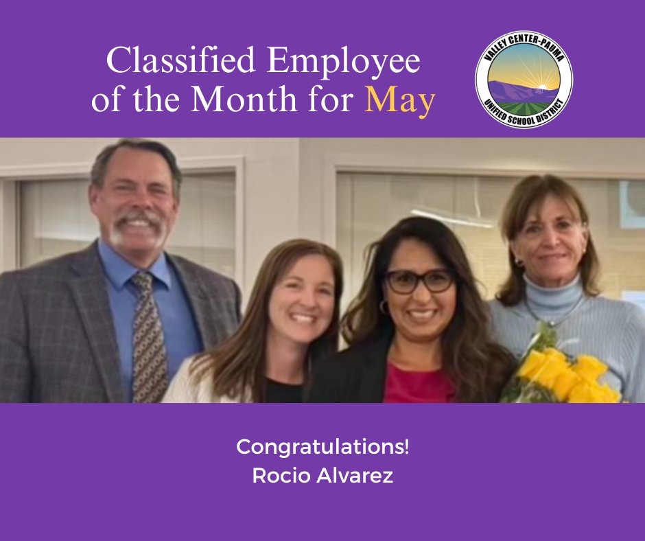 Congratulations to Rocio Alvarez for being named Classified Employee of the Month for May!

vcpusd.org

#ValleyCenterPaumaUnified #VCPUSD #ValleyCenter #Pauma #PaumaValley #ValleyCenterSchools #PaumaValleySchools #SanDiegoCountySchools #California #CaliforniaSchools