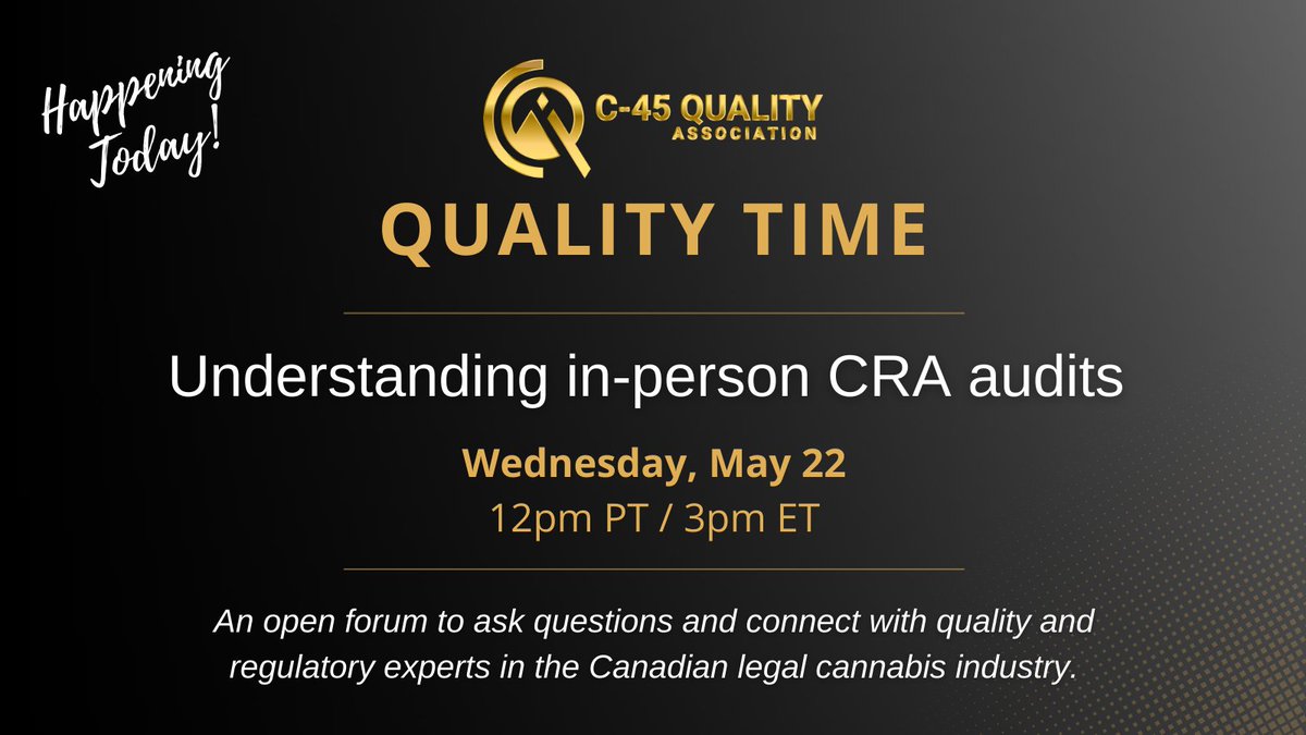 Reminder our Quality Time webinar is today, still time to register and get clear on what to expect with in-person CRA audits!🌿 #cannabisgrower #qualityassurance #cannabisindustry #webinar

us06web.zoom.us/webinar/regist…