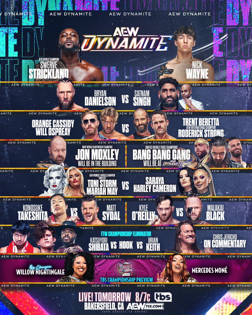 Jay Lethal (@thelethaljay) on Twitter photo Tonight #AEWDynamite is LIVE from Bakersfield, CA at 8pm ET / 7pm CT on TBS
Watch <a href="/satnam/">Satnam Narang</a> Squash Bryan in this Squash Match 👀. <a href="/RealJeffJarrett/">Jeff Jarrett</a> <a href="/sonjaydutterson/">SONJAY</a> and myself will keep a close EYE on this one. 🎸 <a href="/AEW/">All Elite Wrestling</a> Tonight #AEWDynamite is LIVE from Bakersfield, CA at 8pm ET / 7pm CT on TBS
Watch <a href="/satnam/">Satnam Narang</a> Squash Bryan in this Squash Match 👀. <a href="/RealJeffJarrett/">Jeff Jarrett</a> <a href="/sonjaydutterson/">SONJAY</a> and myself will keep a close EYE on this one. 🎸 <a href="/AEW/">All Elite Wrestling</a>