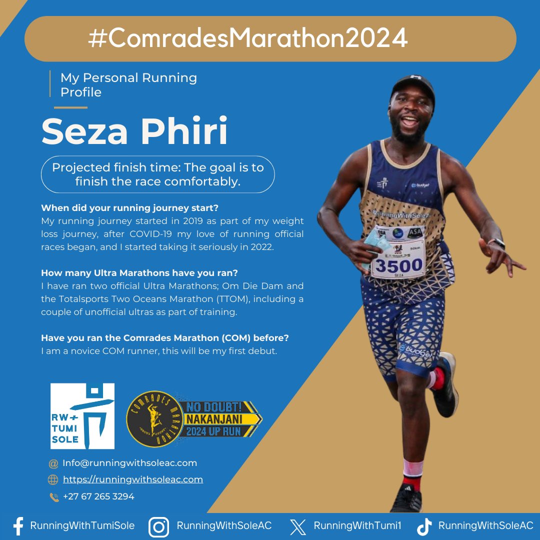 Runner profile 16/28 ✨ He started running as part of his weight loss journey, and with time his love for running grew stronger. The 2024 COM will be his first debut @SezaPhiri will be representing the club and @budgetins at the Comrades Marathon @comradesmaratho. All the best