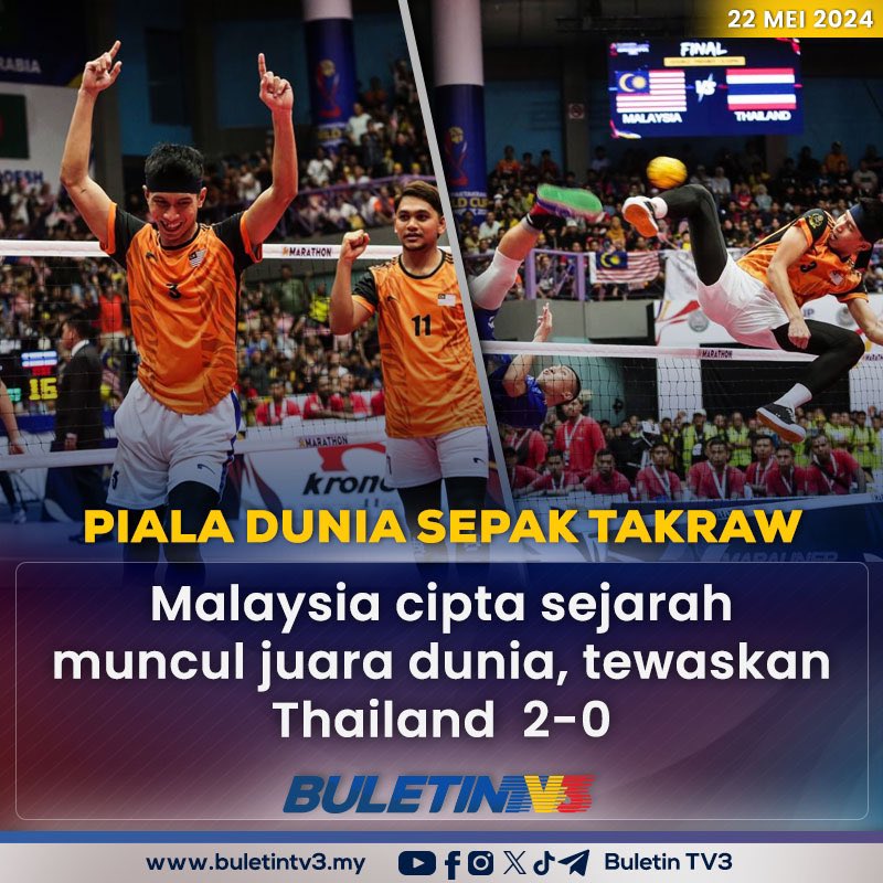 BuletinTV3's tweet photo. PIALA DUNIA SEPAK TAKRAW | Malaysia mencipta sejarah apabila muncul juara acara double menewaskan Thailand 2-0 di final Piala Dunia Sepak Takraw 2024, sebentar tadi di Stadium Titiwangsa.

Ia adalah kemenangan sangat manis kerana gergasi sepak takraw, Thailand tewas 16-17, 13-15 di tangan skuad negara yang disaksikan oleh ribuan penyokong di stadium malam ini.