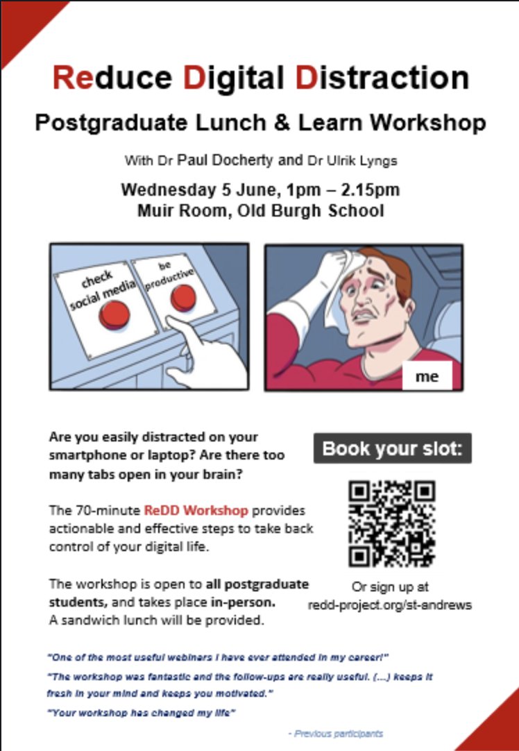 The 70-minute ReDD Workshop with Dr Paul Docherty and Dr Ulrik Lyngs provides actionable and effective steps to take back control of your digital life. Open to all postgraduate students, and takes place in-person. Sign up at ow.ly/onjn50RR41H. Sandwich lunch provided