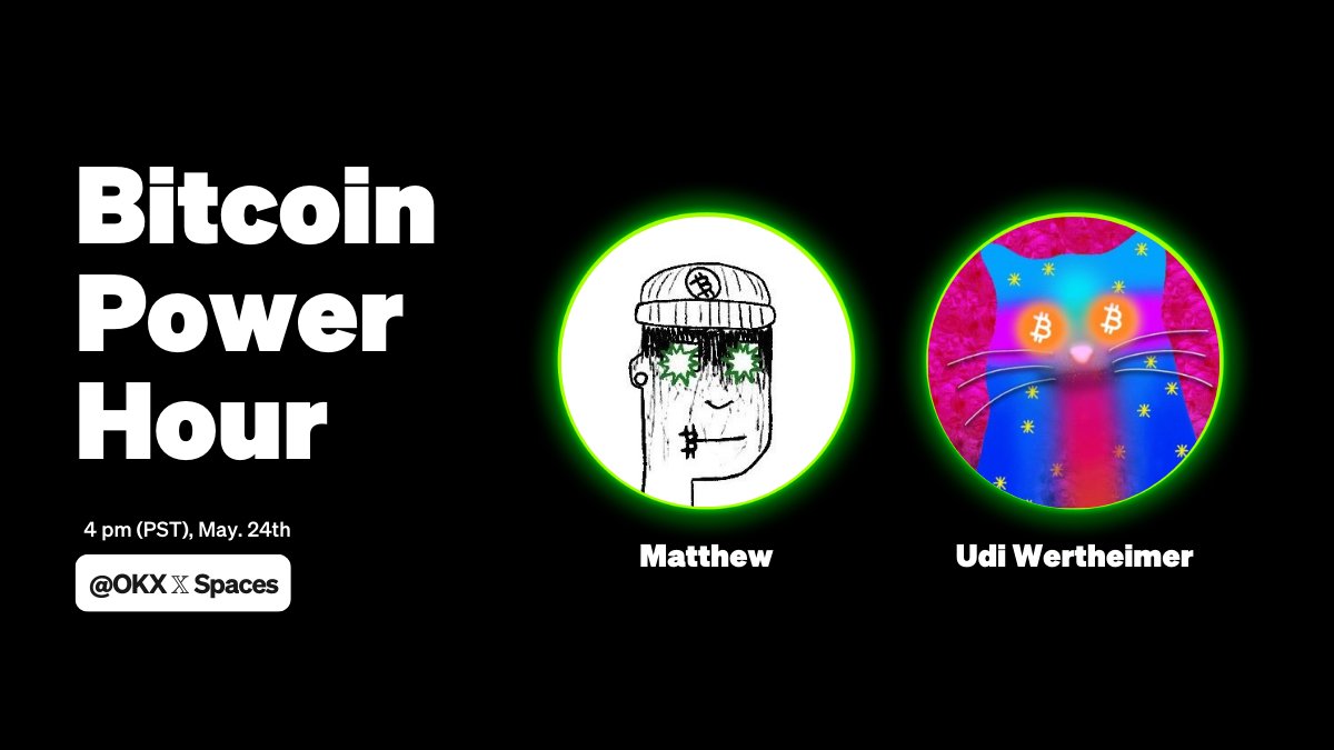 We're back with another Bitcoin Power Hour to discuss the #Bitcoin layer 2 scene. 👀 🎙 @yo_itsmatt 👥 @udiWertheimer 📅 May 24th, 4 pm PST Mark your calendar: x.com/i/spaces/1brjj…