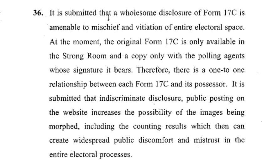 #BREAKING Election Commission of India tells #SupremeCourt that uploading of Form 17C (record of votes polled) on website can lead to mischief, that there are possibilities of images being morphed, which can create “widespread discomfort and mistrust”. #LokSabhaElections