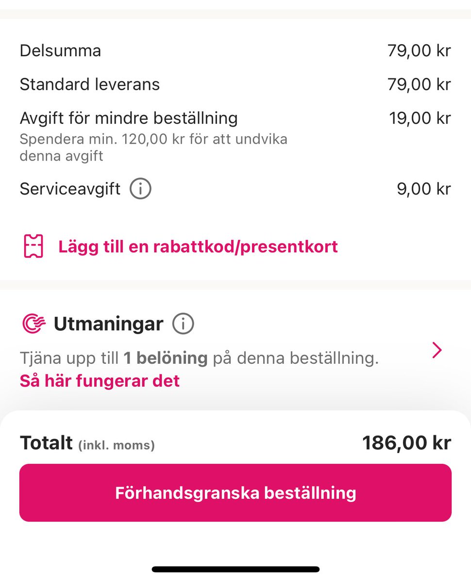 Om man vill köpa burgare för 79kr blir totalen 186kr Avgå alla #foodora