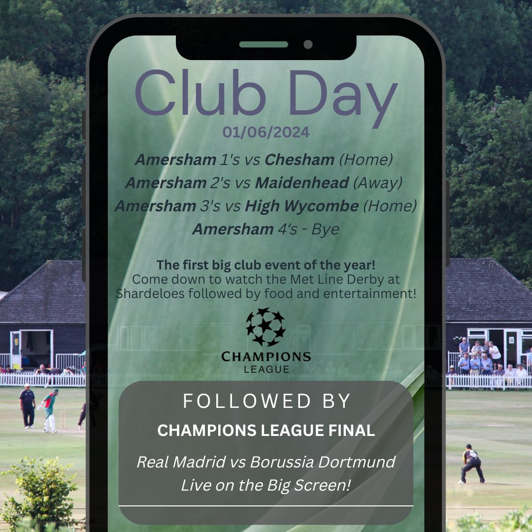 Amersham Club Day 🏏☀️
Come down to enjoy our first club day, starting June 1st and then every first Saturday of the month! 

With a Met Line Derby followed by the Champions League Final and delicious food, it’s set to be a great day out for all. 

#amershamcc #tvl #homecounties