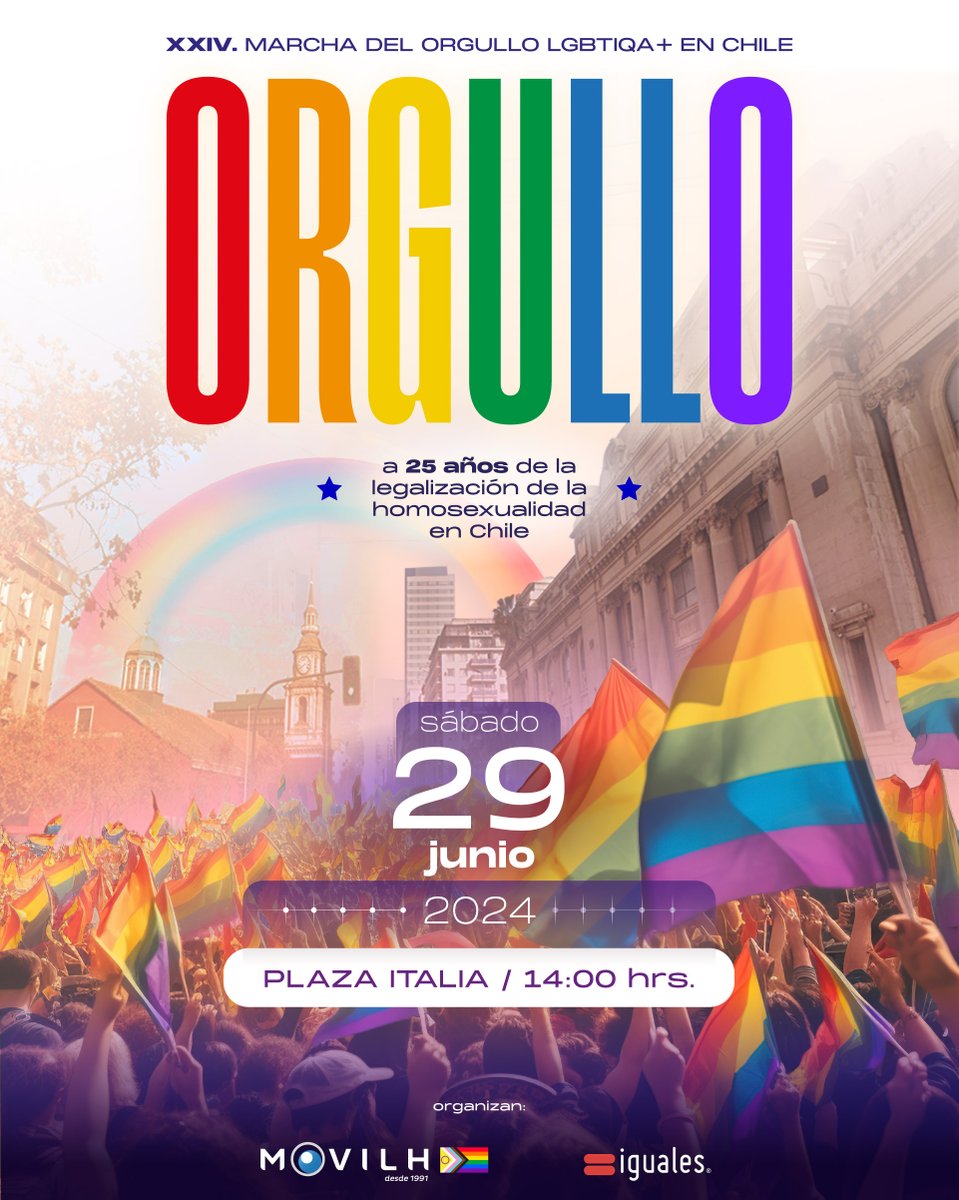 La XXIV Marcha del Orgullo ya tiene fecha. Será el 29 de junio. Conmemorará los 25 años de la legalización de la homosexualidad en Chile. Aquí declaración oficial de la Marcha del Orgullo 2024: movilh.cl/la-xxiv-marcha…