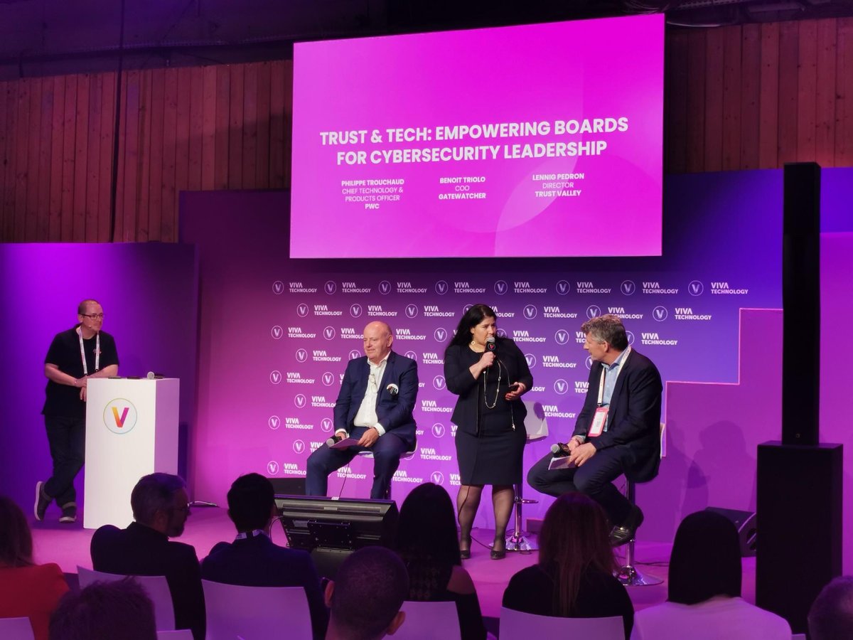 Starting strong! 🚀🇨🇭🇫🇷 Trust Valley's CEO Lennig Pedron on stage at 'Trust & Tech: Empowering Boards for cybersecurity leadership' at VivaTech Paris today! #TrustValleyCH #digitalTrust #cybersecurity @lennig