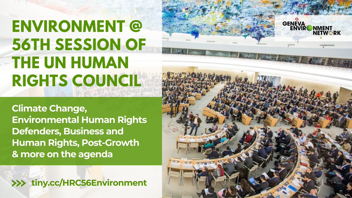 The #environment is high on the agenda of #HRC56, as this session tackles:

🔹 #ClimateChange & #HumanRights
🔹 Rights of #IDPs 
🔹 #EHRDs, #FreedomOfAssembly & Association
🔹 #BizHumanRights
🔹 #ExtremePoverty, #SDGs & Environment

Consult our page ▶️ tiny.cc/HRC56Environme…