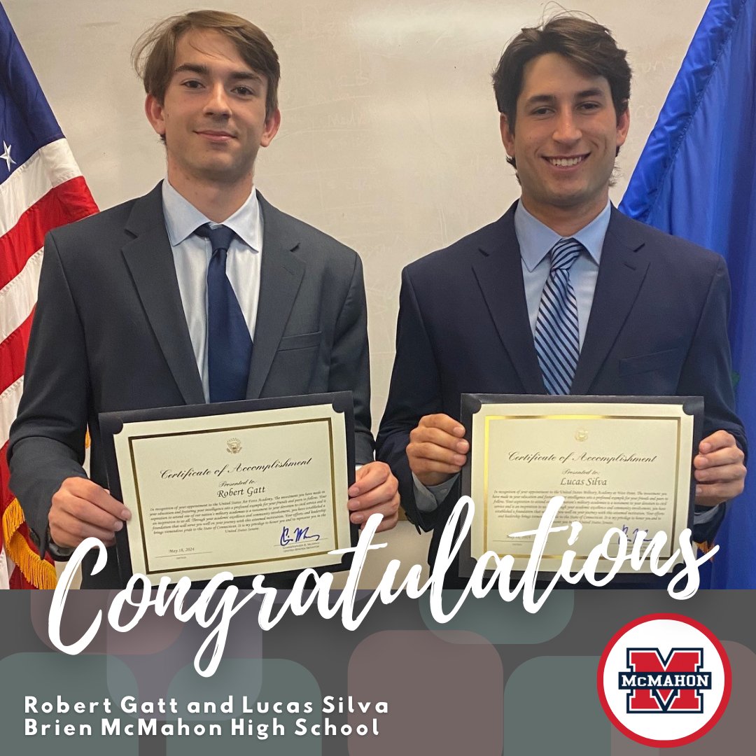 Brien McMahon High School (@brienmcmahon_hs) on Twitter photo Lucas Silva and Robert Gatt look forward to a challenging road ahead after graduation. Lucas has been appointed to the <a href="/WestPoint_USMA/">U.S. Military Academy at West Point</a>, and Robbie has been appointed to the <a href="/AF_Academy/">U.S. Air Force Academy</a>. Congratulations to both! Click here to learn more: bit.ly/3QSpxvi Lucas Silva and Robert Gatt look forward to a challenging road ahead after graduation. Lucas has been appointed to the <a href="/WestPoint_USMA/">U.S. Military Academy at West Point</a>, and Robbie has been appointed to the <a href="/AF_Academy/">U.S. Air Force Academy</a>. Congratulations to both! Click here to learn more: bit.ly/3QSpxvi