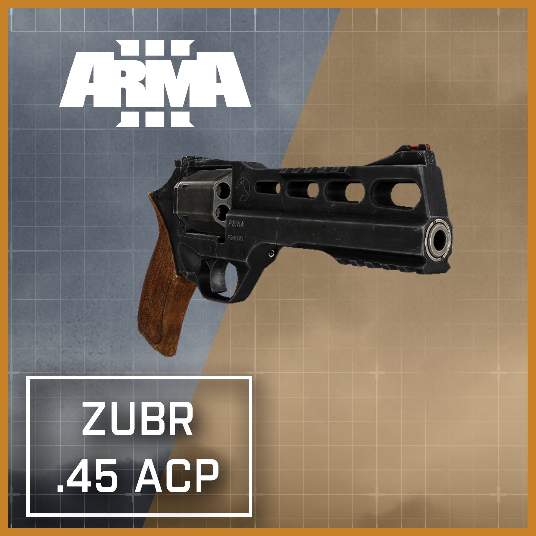 #Arma3 #LegendaryAssets

#23 – Zubr .45 ACP

The Zubr is a double-action revolver with a distinctive design. Unlike most other revolvers, the muzzle position is aligned with the bottom chamber of its cylinder. This change reduces the muzzle rise after shooting by directing the