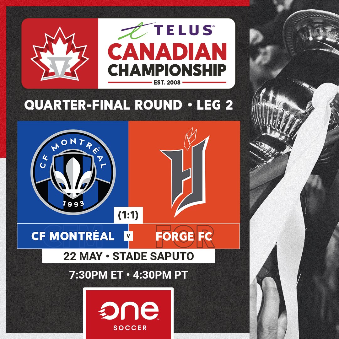 It’s Match Day between CF Montréal and Forge FC! After drawing in Hamilton, this match in Montréal will offer a spot into the TELUS #CanChamp Semi-Finals! Watch LIVE on @OneSoccer 💻