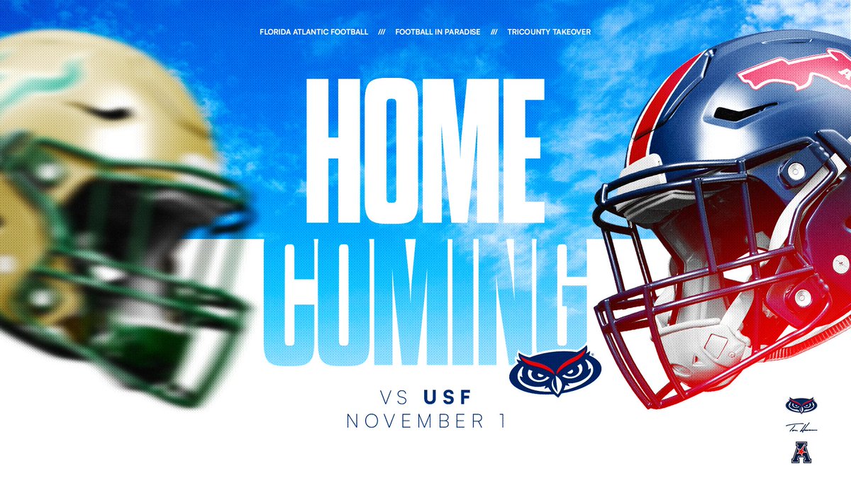 MARK YOUR 📆 Game Theme Announcement: Our 2024 Homecoming 🏠 game is set for Friday, Nov. 1 under the lights vs. USF‼️ Request homecoming tix: fausports.com/sb_output.aspx… Get season tix: am.ticketmaster.com/fau/ism/RkIyMD… #WinningInParadise