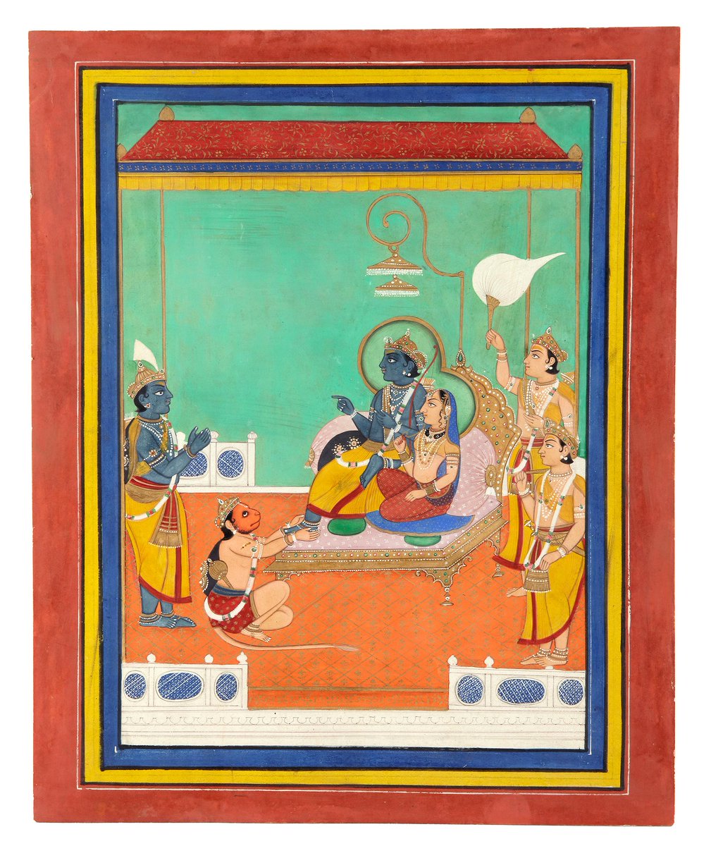 Rāma and Sīta worshipped by Hanumān Mewar, Rajasthan, 19th century