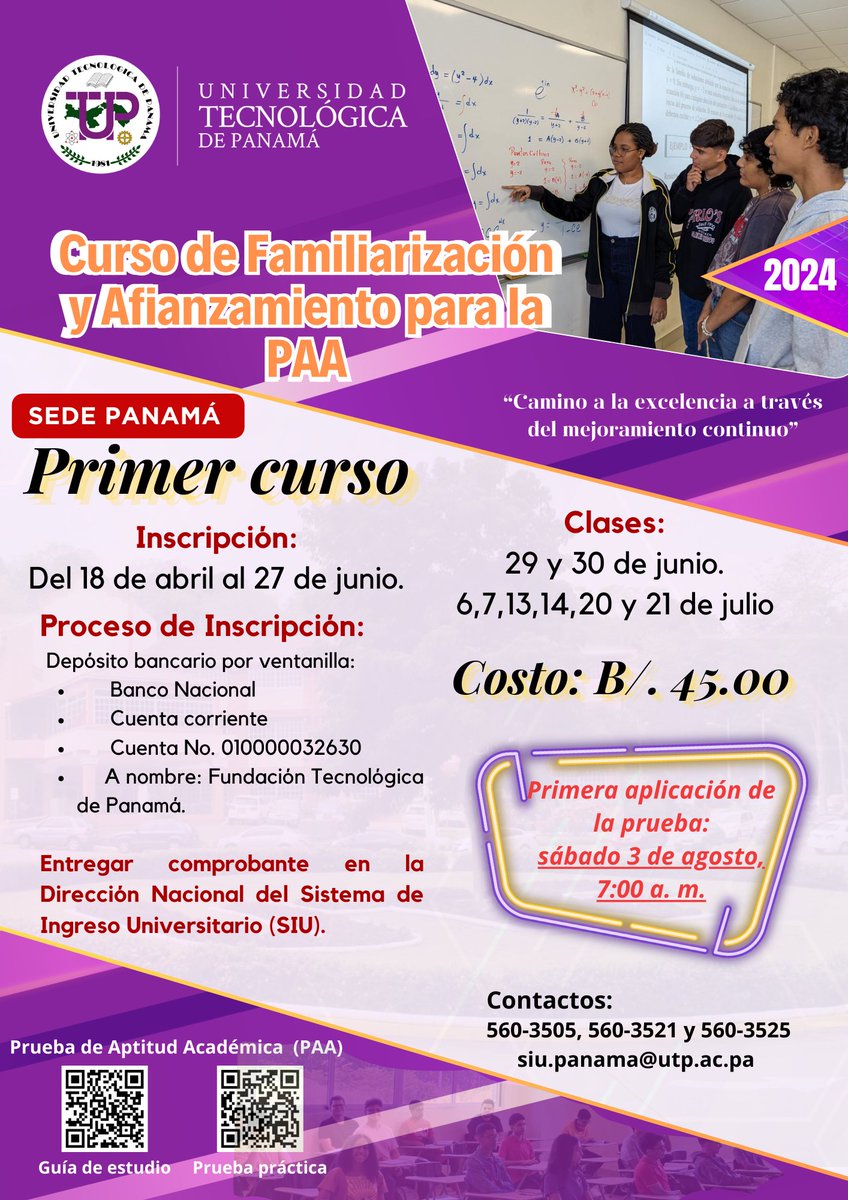 Si quieres obtener el mejor puntaje de la PAA, te recomendamos el Curso de Familiarización y Afianzamiento. 📍 Importante, hacer el pago en ventanilla del Banco Nacional.