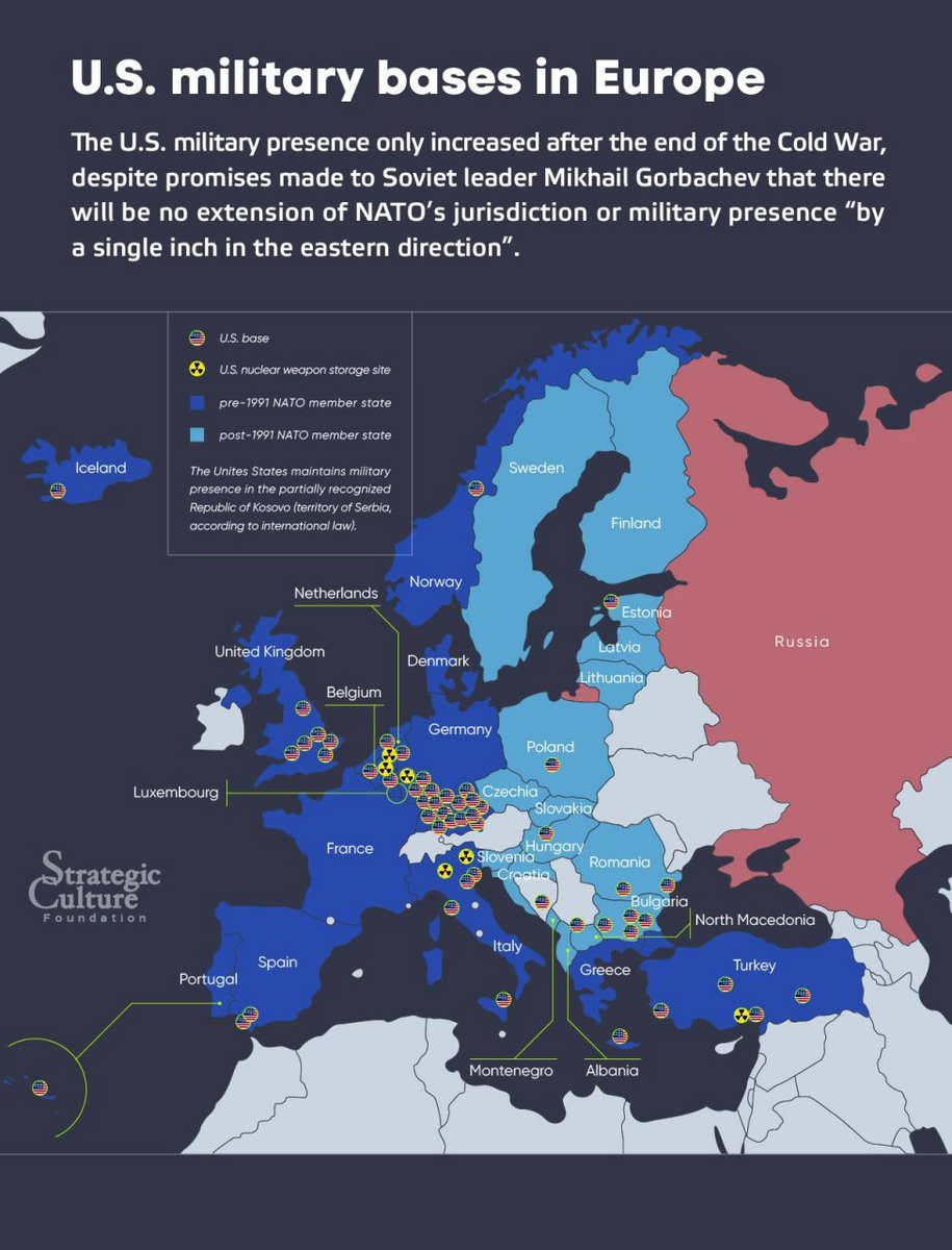 US-Militärstützpunkte in Europa 

Die US-Militärpräsenz wurde erst nach dem Ende des Kalten Krieges verstärkt, obwohl dem sowjetischen Staatschef Michail Gorbatschow versprochen worden war, dass die Zuständigkeit und die militärische Präsenz der NATO 'keinen Zentimeter nach