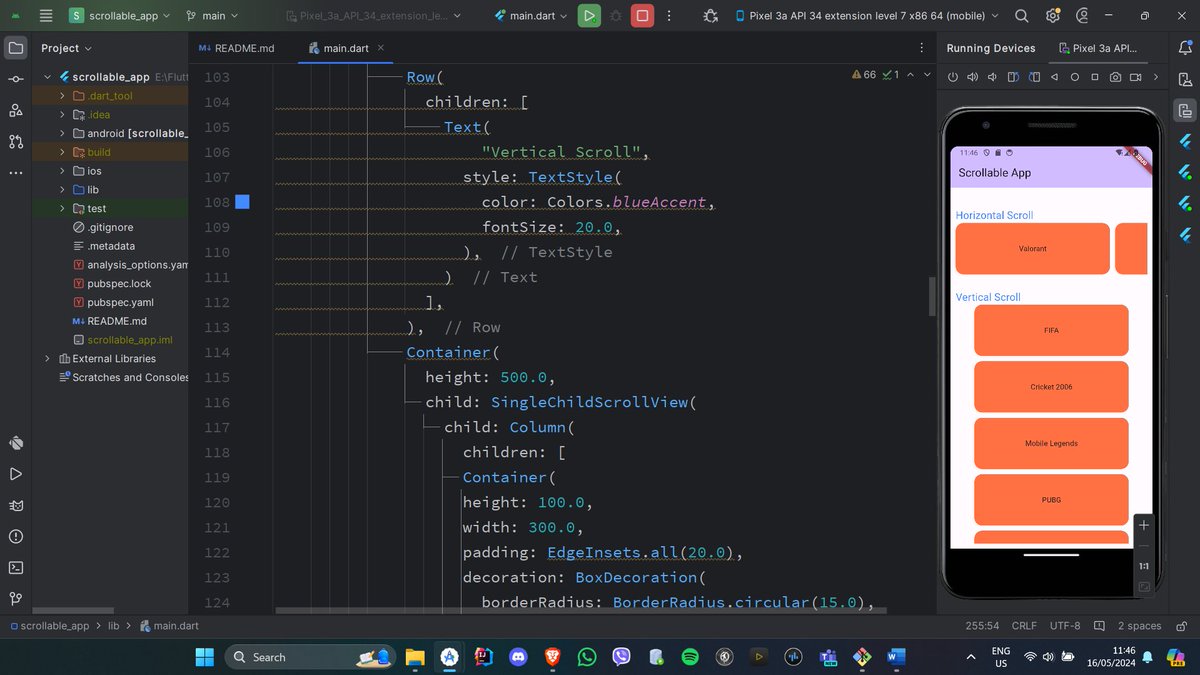 sinnnez's tweet photo. #30DaysOfFlutter
Day 9 of 30 days: ✅Played around making screen scrollable, both vertically and horizontally. Used SingleChildScrollView widget that is available in flutter.
#pitc30days #pitcFlutter #primeitclub

@_primeitclub https://t.co/9IsfnHBlK0