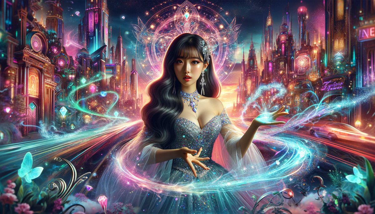 Is it just me, or does this look like the perfect setup for a magical showdown? Meet our enchanting heroine, with her dazzling diamond-studded dress and those spell-casting vibes. 
Do you think she'd win in a magical duel? 🧙‍♀️🔮 #DigitalArt #FantasyWorld #MagicMoments #ArtLovers