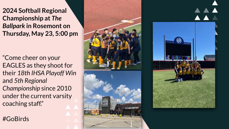 IHSA Regional Championship Schedule Change for Leyden Softball 🥎. We hope to see you at The Ballpark 🏟️ in Rosemont tomorrow night at 5 as your EAGLES take on Maine South @Leydenathletics @leydenpride212 @LeydenSoftball @IHSAScoreZone @MaxPreps #GoBirds