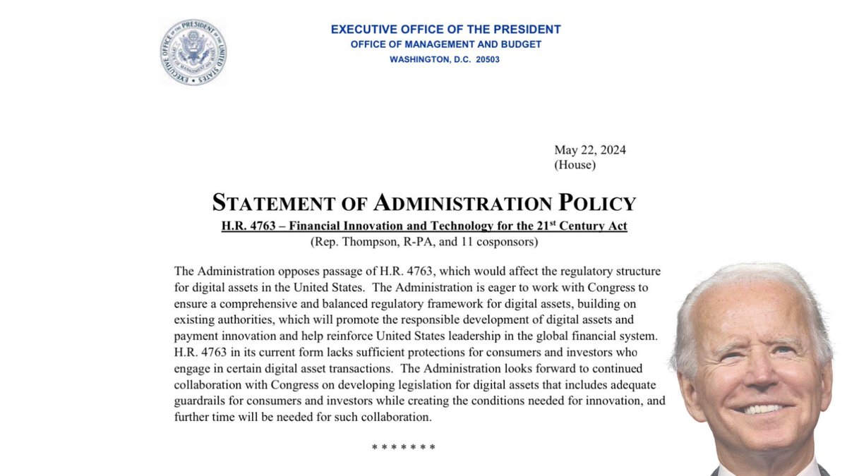 Bankless's tweet image. BREAKING: @POTUS announced that they will not veto the FIT21 crypto bill if passed by Congress today