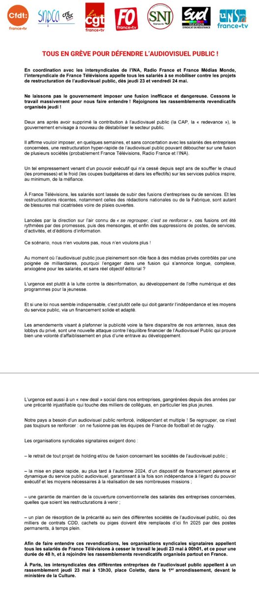 MOBILISATION contre la fusion, pour la défense d'un audiovisuel public indépendant et multiple ! ✊️ 

🔴 Grève à Radio France, France Télévisions, FMM, INA et TV5MONDE jeudi et vendredi 
🔴 Rassemblement ce jeudi 23 mai à partir de 13h30 sur la place Colette, Paris 1er