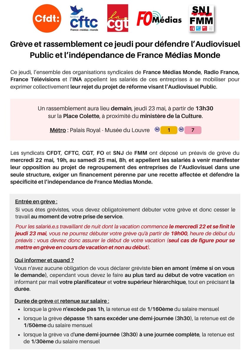 SNJ_national's tweet photo. MOBILISATION contre la fusion, pour la défense d'un audiovisuel public indépendant et multiple ! ✊️ 

🔴 Grève à Radio France, France Télévisions, FMM, INA et TV5MONDE jeudi et vendredi 
🔴 Rassemblement ce jeudi 23 mai à partir de 13h30 sur la place Colette, Paris 1er https://t.co/i3w3zzypvx