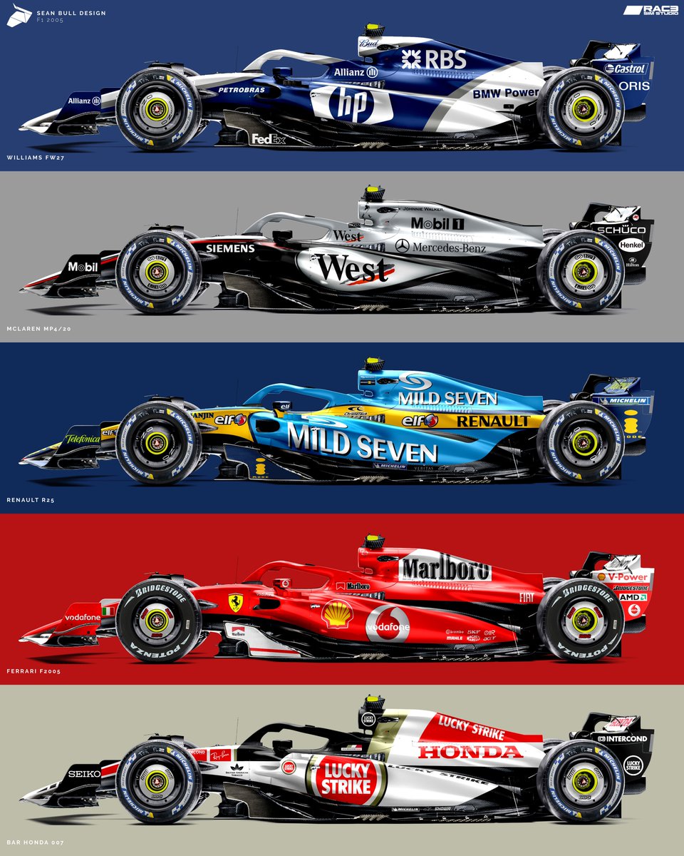 More 2005 liveries on modern chassis My GOAT era and year in F1 history so wanted to visualise the best of that years designs and see how well they adapt Comment below your favourite and any other years of F1 you want to see next! 3D model licensed by @RaceSimStudio #f1
