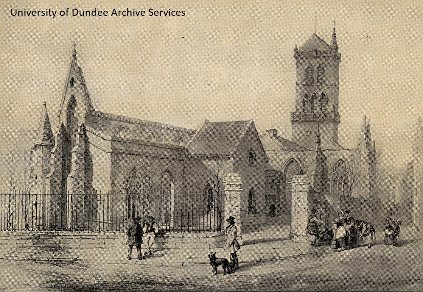 #WaybackWednesday Early 20th century artistic impression ruins of #Dundee's City Churches after the devastating fire of 1841. It was decided to demolish the East (St Mary's), Cross and South churches due to the damage #Archives #OldDundee #DundeeUniCulture