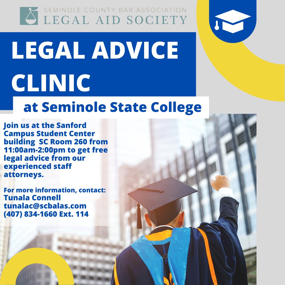 Our Legal Advice Clinic at Seminole State College is here to help! Whether you need guidance on, our team is ready to assist you. Get the support you need, right here on campus #LegalAdvice #SeminoleState #FreeLegalAid #FreeLegalAdvice #graduation