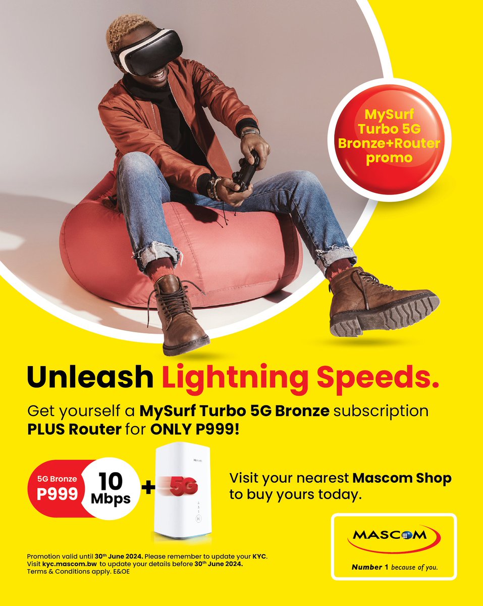 Experience the power of 5G with MySurf Turbo 5G Bronze promo! Visit your nearest Mascom Shop to hop on and enjoy lighting-fast internet. #MySurf #Number1BecauseOfYou