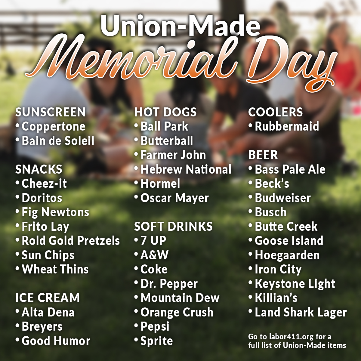 Memorial Day weekend is almost here! Make sure you're well supplied with these great #UnionMade products & always remember to drink responsibly. #UnionProud #UnionStrong #MemorialDayWeekend #MDW24 #MemorialDay #Picnic #Party #Beer #Snacks #Outdoor #Park #Labor411