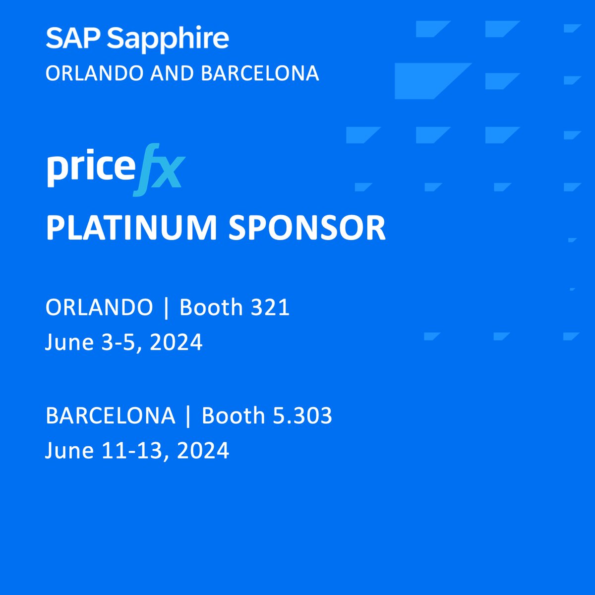 Stop by the Pricefx booth at SAP #Sapphire to see our award-winning pricing platform and how it integrates seamlessly within SAP business processes. 
Join our customer speaking sessions too! 

Orlando: okt.to/ItTyQo 

Barcelona: okt.to/t4R1Jj