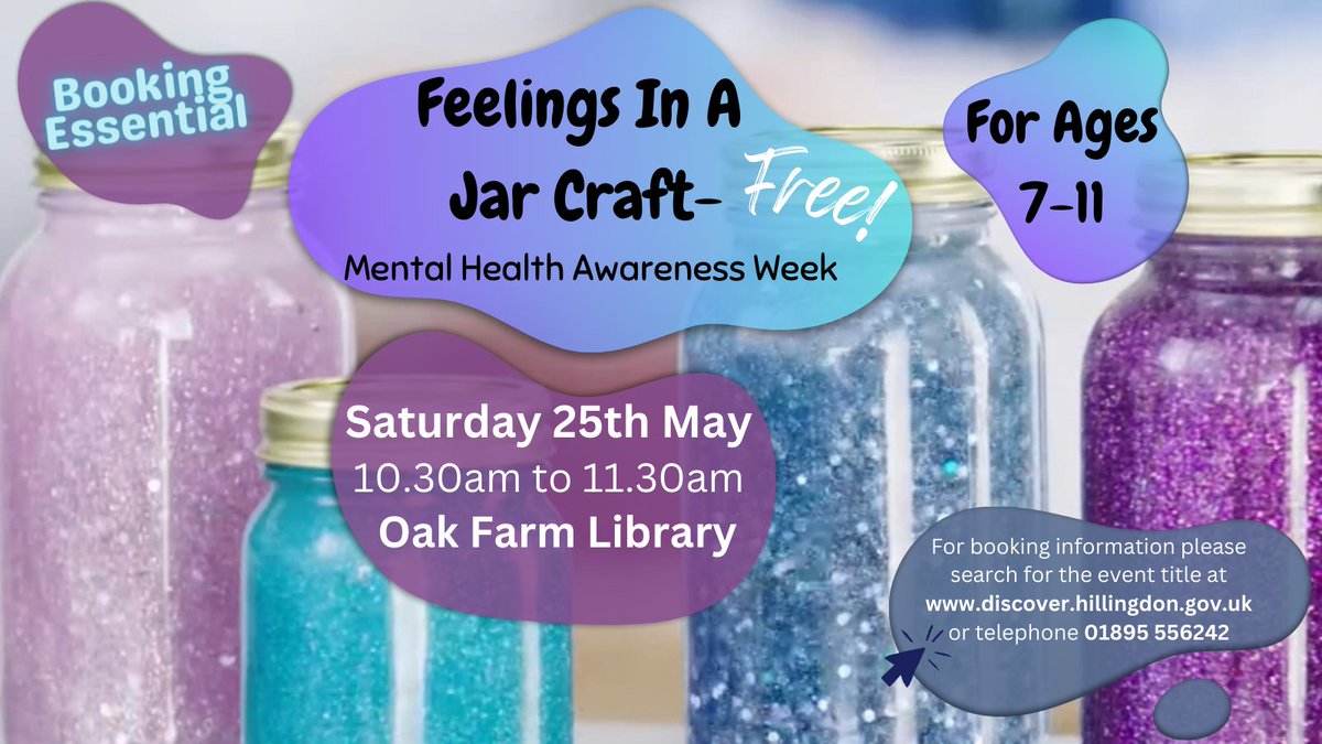 To celebrate Mental Health Awareness Week earlier this month, come along to Oak Farm Library for our Feelings In A Jar craft event. Create your very own feelings jar this Saturday! FREE Booking essential- discover.hillingdon.gov.uk/feelings-jar @Hillingdon @HillingdonFIS ^RK 😊