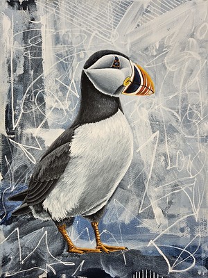 Did you know that an Atlantic Puffin are less than 16 inches tall? Visit us at the gallery and see just how SMALL that really is with Heidi Holloway's Size of Life art show! 'Atlantic Puffin (Fratercula Arctica)' Acrylic on Canvas, 9'x12' #localart #halifaxart #artgallery