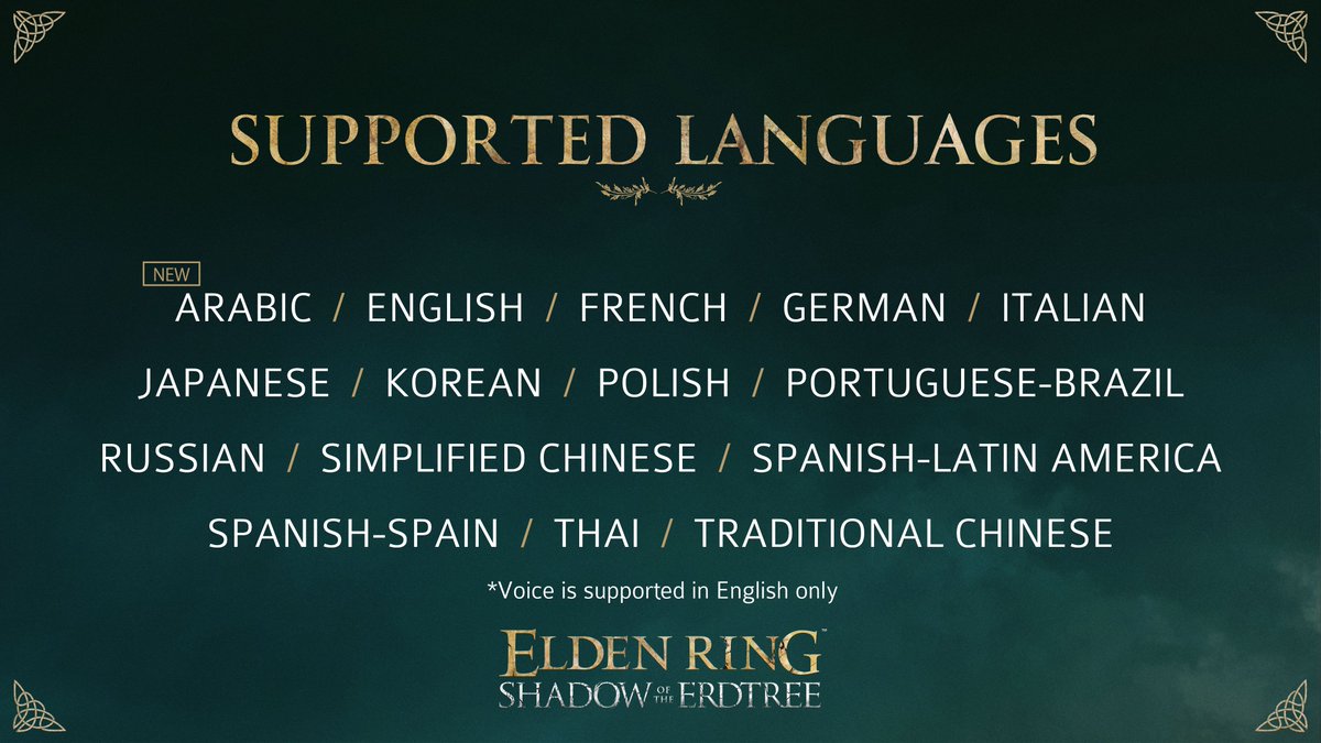 In less than one month, #ShadowoftheErdtree will be launched. The following subtitle languages will be supported in #EldenRing from 21st June onwards. Prepare yourself to enter the Realm of Shadow.