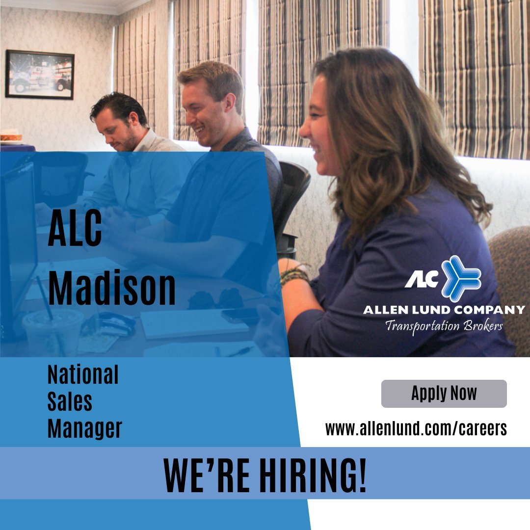 allenlundco's tweet photo. ALC Madison in Middleton, WI is hiring!
To learn more/apply, click here:https://t.co/B3JNCJOIjY
#AllenLund #Hiring #3PL #sales #logistics #transportation #supplychain #freight #transportationindustry #nationalsalesmanager #familyowned #MiddletonWI #ALCMadison https://t.co/xkuzXxoSW0