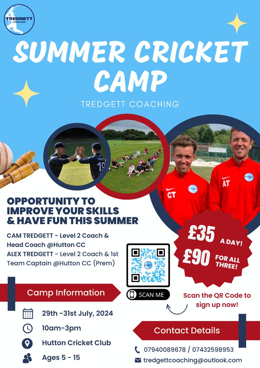 🎉 Exciting News! 🎉

Tredgett Coaching Summer Camp is back in July 2024!

Join us for three days of cricket fun: 
- 29th July 
- 30th July 
- 31st July

📝 Secure your spot now: forms.gle/wPtesaBYA1ffy5…

#Cricket #SummerCamp #Hutton #Brentwood #Shenfield