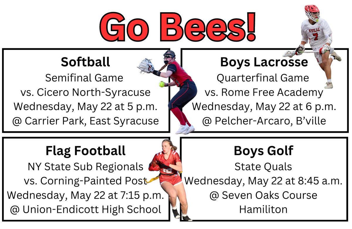 Our Bees are competing in Sectional & State action today! Go Bees! Ticket Information: Softball: section3.org/sports/2021/4/… Flag Football: gofan.co/event/1528293