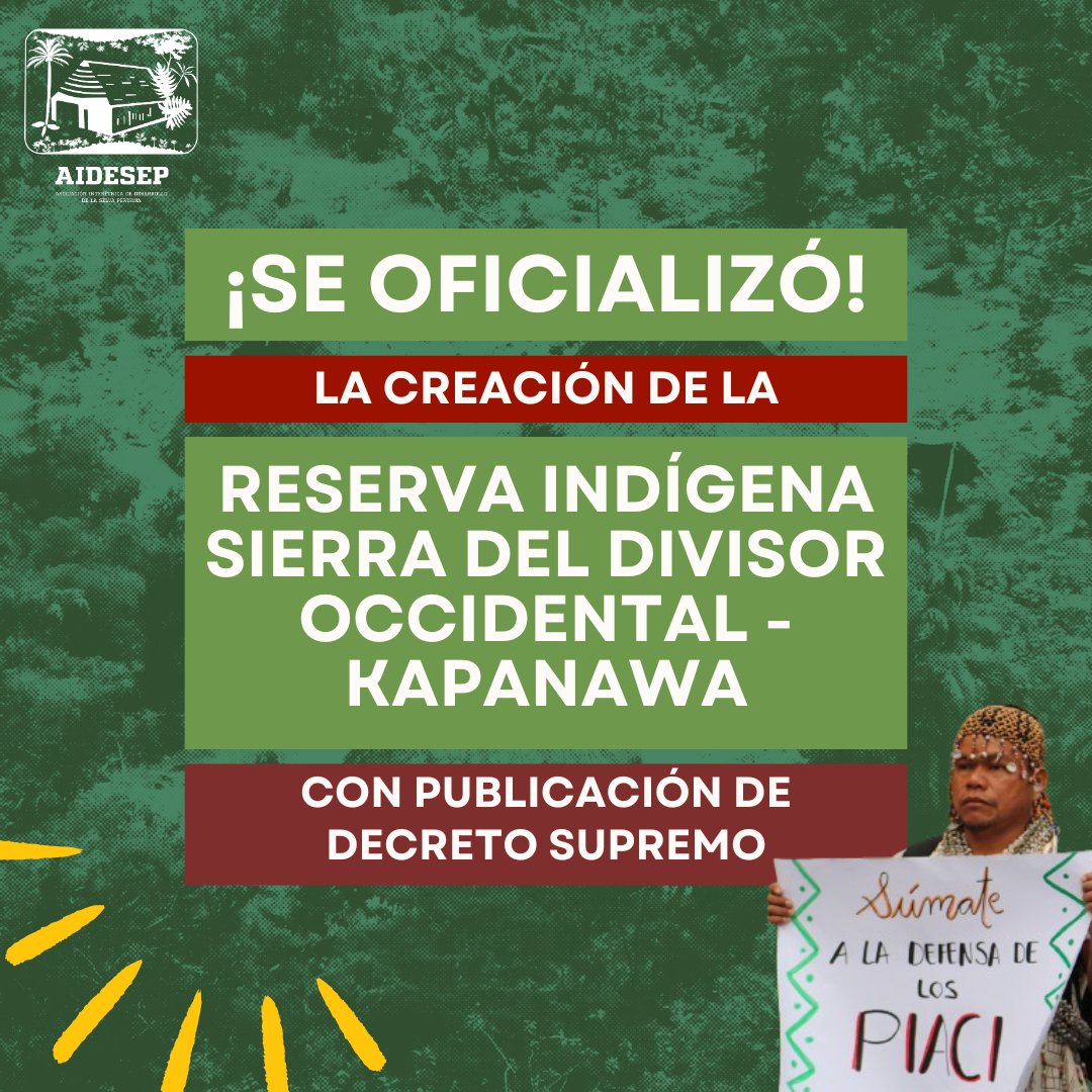 aidesep_org's tweet photo. ¡Logro para la protección de los Pueblos Indígenas en Aislamiento y Contacto Inicial - PIACI! 📢

🔰 Hoy, 22 de mayo, se publicó el Decreto Supremo 004-2024-MC, que declara la categorización de la Reserva Indígena Sierra del Divisor Occidental. https://t.co/45hVCgwsTQ
