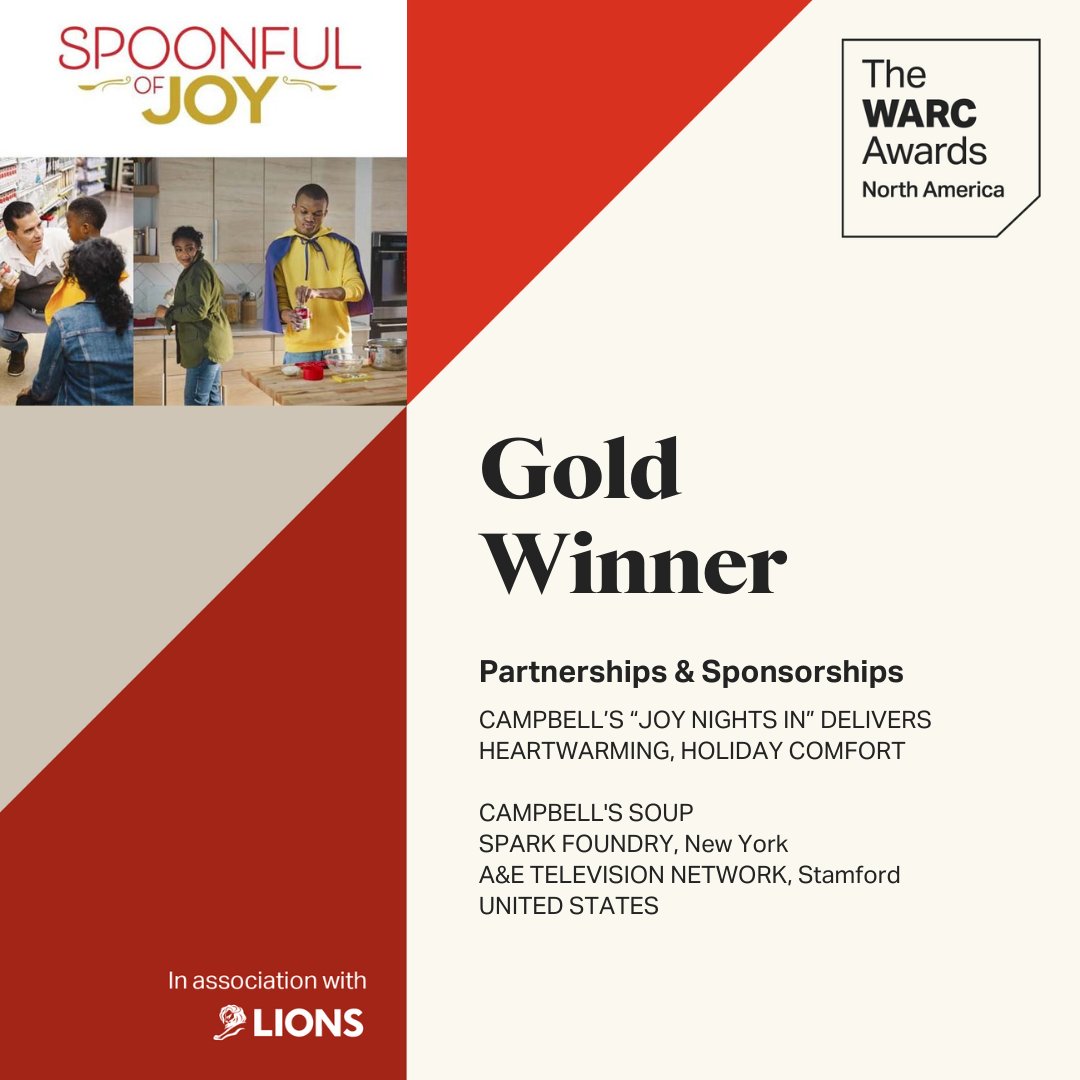 Congratulations to @CampbellSoupCo 's “Joy Night In,” winning Gold at <a href="/WARCEditors/">WARC</a> North America! An incredible content collaboration between our #client, <a href="/AETV/">A&E</a> partners and Spark Foundry. #WinningSpark #SparkofLeadership