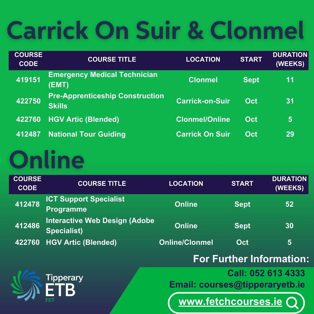 Check out the 𝐒𝐞𝐩𝐭𝐞𝐦𝐛𝐞𝐫 𝟐𝟎𝟐𝟒 schedule for full-time courses. For more information contact us: ☎️ 052 6134333 ✉️ courses@tipperaryetb.ie 🌐fetchcourses.ie #Tipperaryetb #thurles #nenagh #Roscrea #tipptown #carrickonsuir #clonmel #online #fulltimetraining