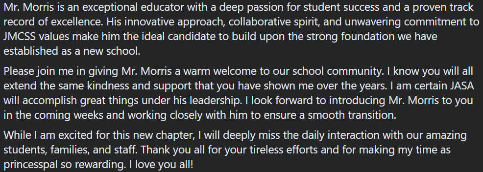 JASArockets's tweet photo. After 3 rewarding years as the principal of JASA, the time has come for me to pass the torch to a new leader! I am thrilled to announce that Mr. Michel Morris will be taking over as the school's new principal for the 2024-2025 school year @JMCSchools #rocketforever ๐๐ https://t.co/6NrfkJyixv