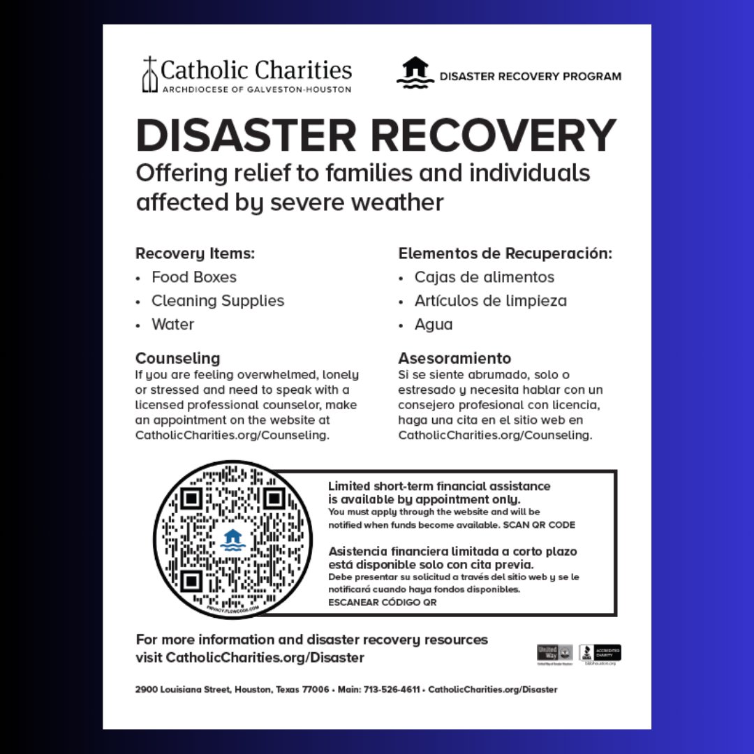In need of food, cleaning supplies, or water as your family recovers from recent flooding or last week's storm? Catholic Charities has help for families and individuals in need. There are even counseling services available. Scan the QR code or visit the website for information.