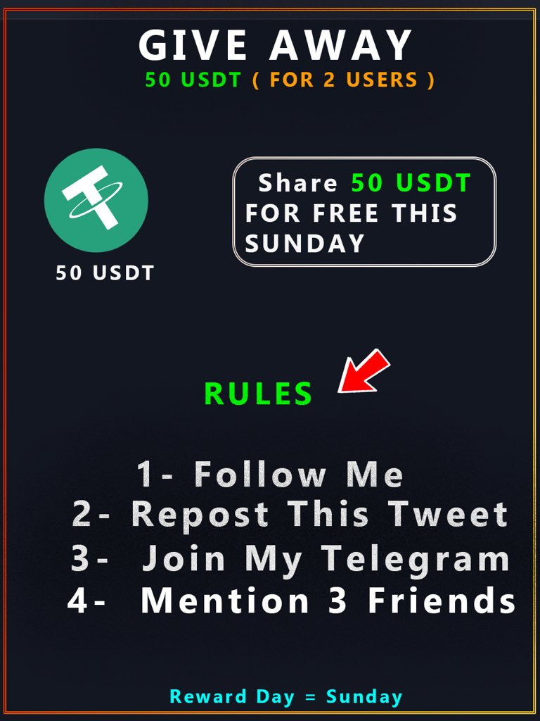 Give Away ( 100$ ) 50USDT To Each 

Rules       1: Follow Me 
                  2:Repost This Post
                  3: Mention 3 Friends 
                  4 Join My Telegram 

If You miss to Follow Any Rule - You will be Disqualified 

Telegram t.me/DoctorCrypto_2

#Btc