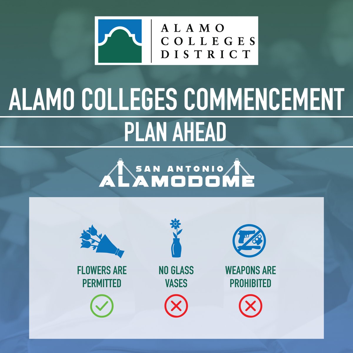 🚨 Know before you go! San Antonio College & Palo Alto College Commencement 🎓 Wed. May 22, 2024 | 10 AM & 4 PM 📍Alamodome, 100 Montana Street 👜 Clear bag policy is in effect 🌐 Visit alamodome.com for more info