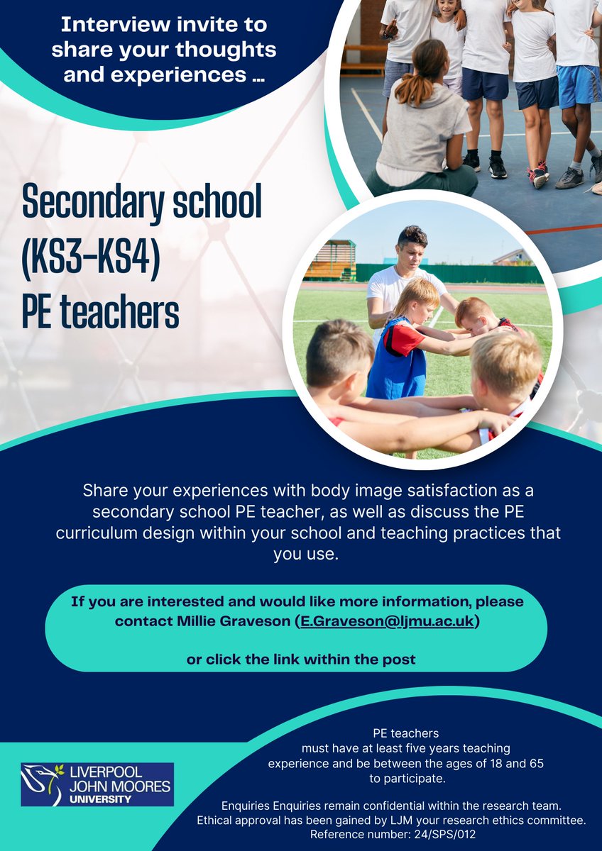 Millie Graveson (@milliegraveson) on Twitter photo ‼️ Calling all current and recently retired secondary school PE teachers ⚽️🎾
We will soon be conducting the below study.
Please Contact 📧 e.graveson@ljmu.ac.uk
More Info ⬇️⬇️ ‼️ Calling all current and recently retired secondary school PE teachers ⚽️🎾
We will soon be conducting the below study.
Please Contact 📧 e.graveson@ljmu.ac.uk
More Info ⬇️⬇️