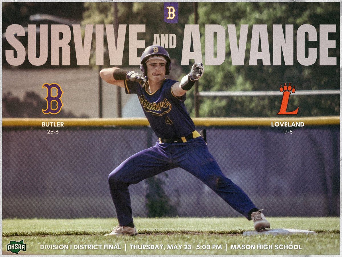 ButlerBaseball's tweet photo. The road to Akron continues as the Aviators head to Mason on Thursday to take on the Loveland Tigers (19-8) in a Division-I District Final matchup at 5:00 pm.
Tickets will be available at: https://t.co/eNo9tpPLAW
#AnswerBack | #SurviveAndAdvance https://t.co/uHLMHGYHcw