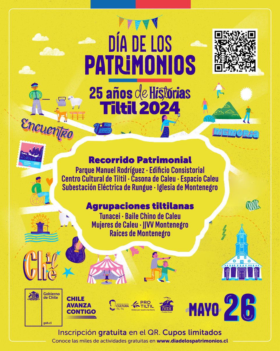 Este domingo se celebrará en Tiltil el DÍA DE LOS PATRIMONIOS, con un bello recorrido por la historia, naturaleza y arquitectura de nuestra comuna. Más información en ow.ly/rG3750RR8ub
Inscríbete en ow.ly/MqQL50RR8uc

#díadelospatrimonios #tiltil