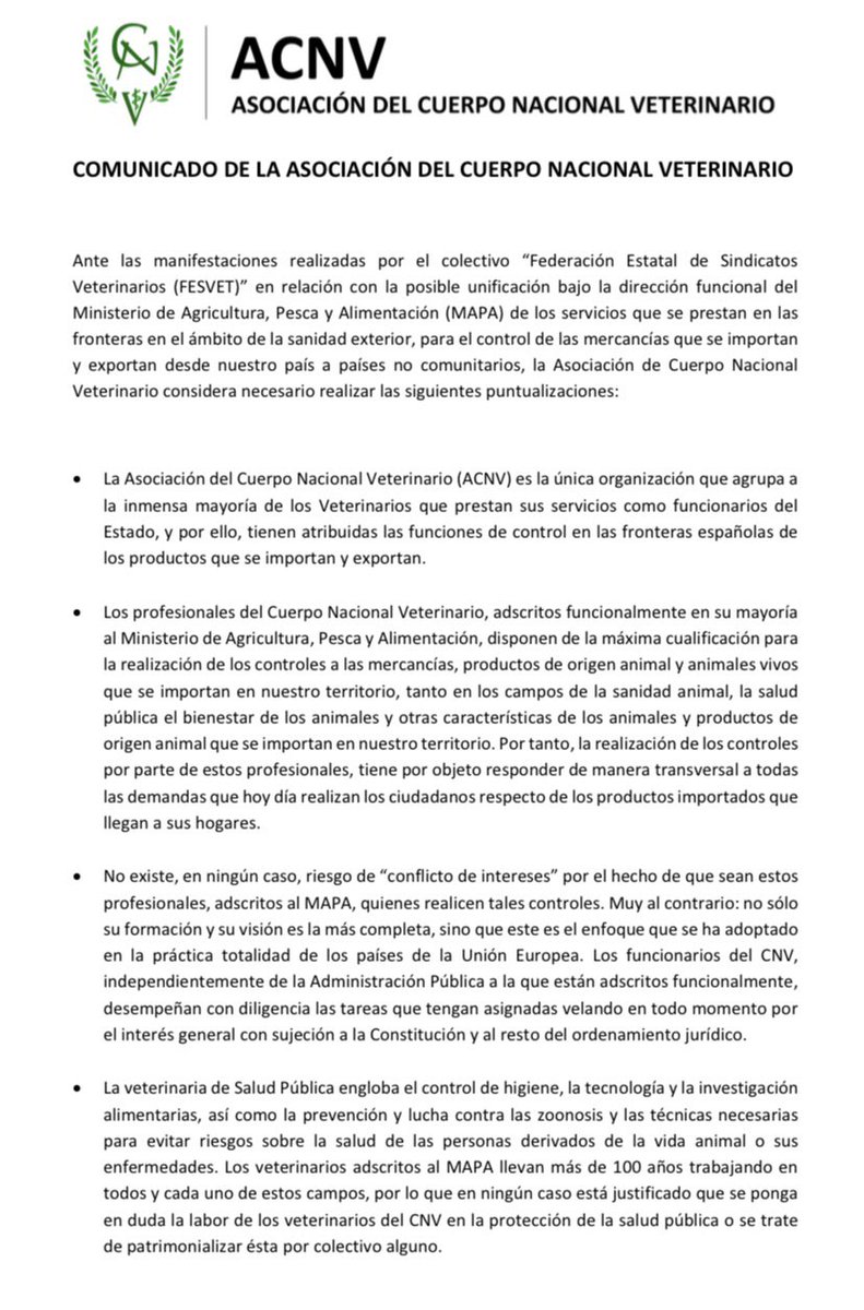ACN_Veterinario's tweet photo. 📢 Ante las manifestaciones de FESVET sobre la unificación de servicios de sanidad exterior bajo la posible dirección funcional del MAPA los servicios fronterizos de sanidad exterior para el control de mercancías, desde la ACNV se ha emitido el siguiente comunicado 📄 https://t.co/oLVOijWUHS
